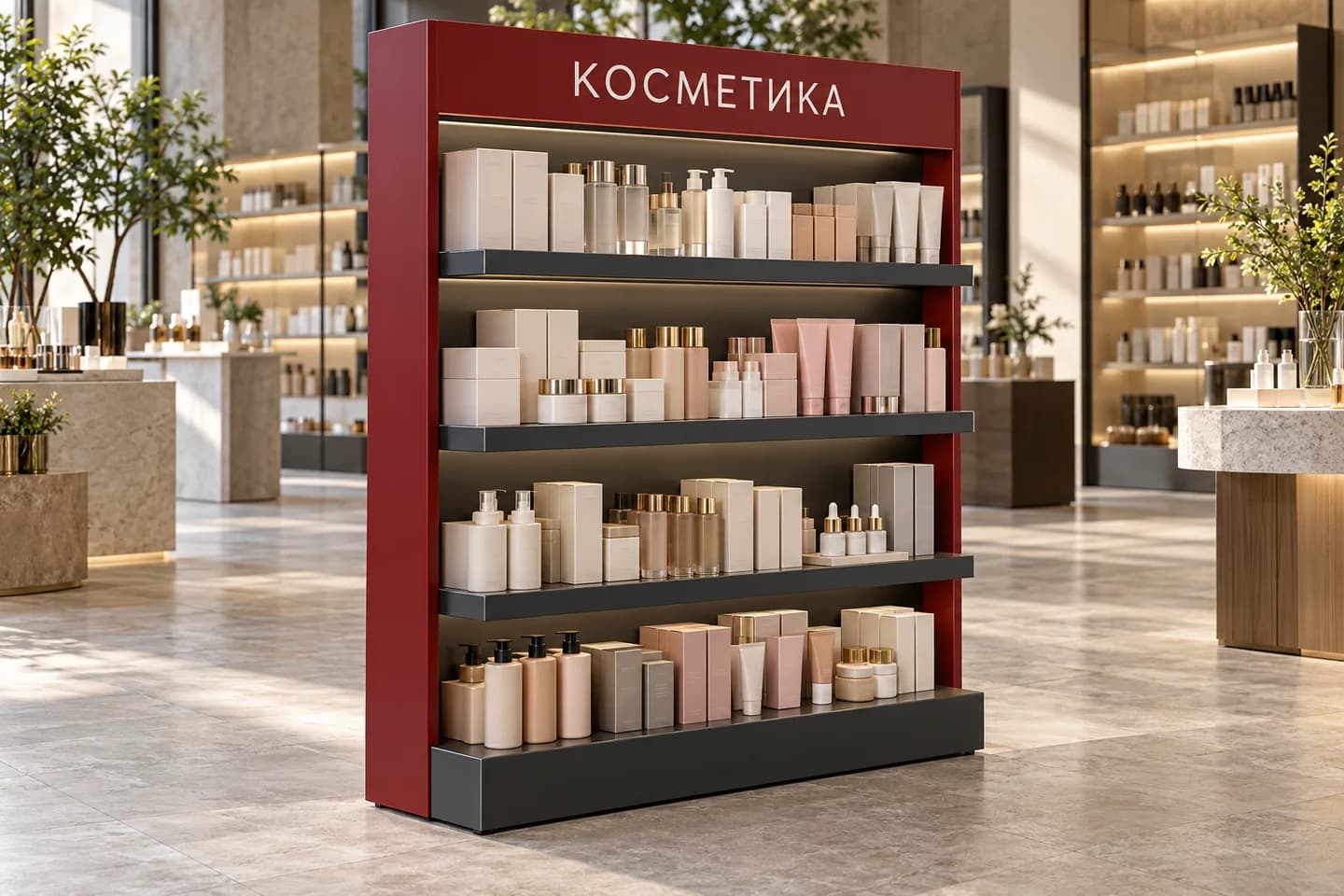 Концепция красной торговой стойки с косметикой в интерьере магазина